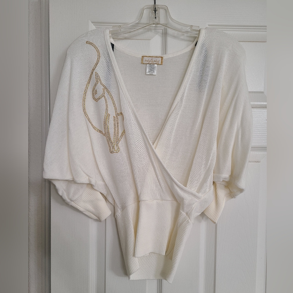 Baby Phat Cream V-Neck Wrap Sweater with Gold Bead Accent